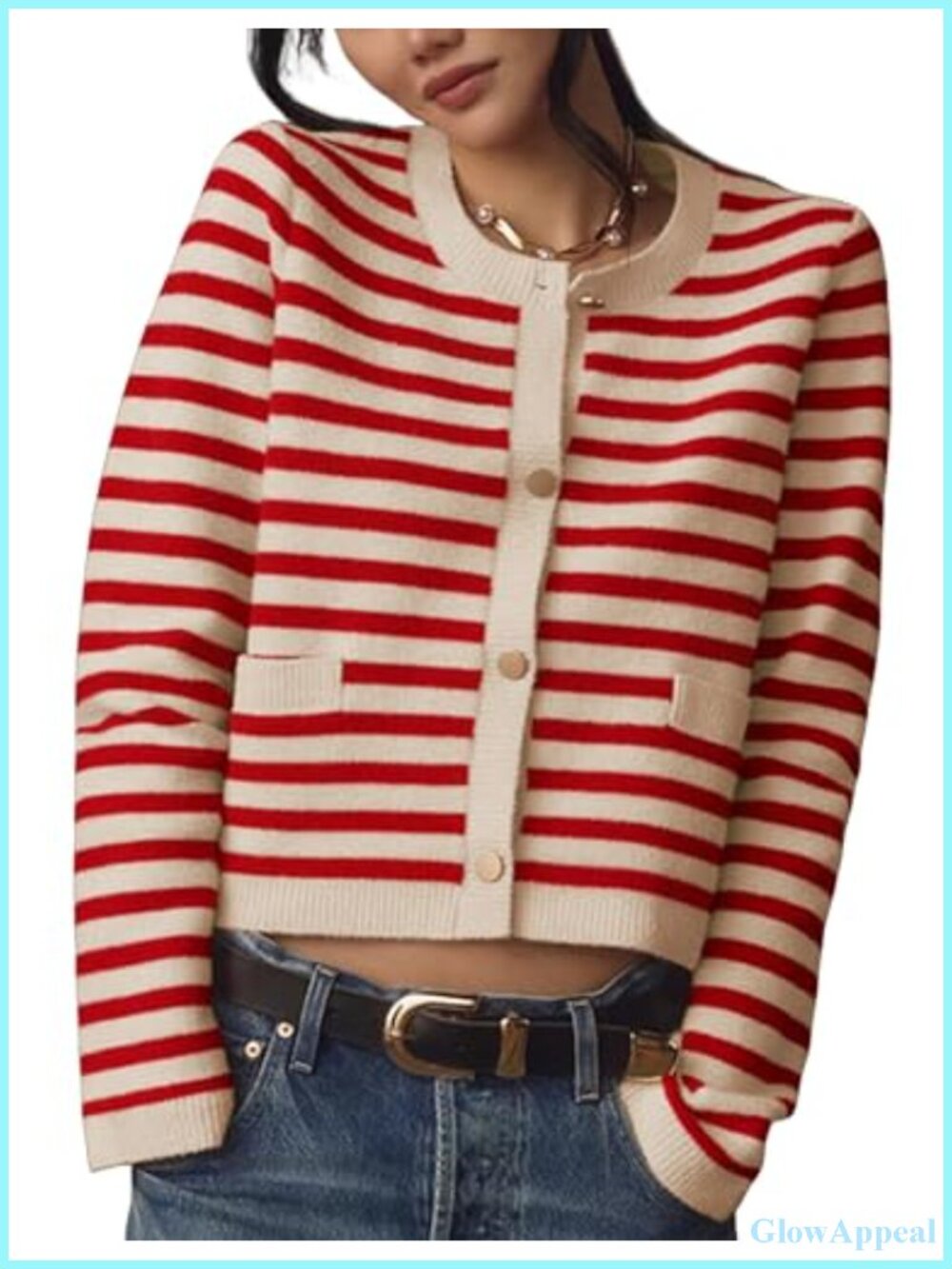 Striped Knit Cardigan Sweater Crew Neck Long Sleeve Button Front Lightweight